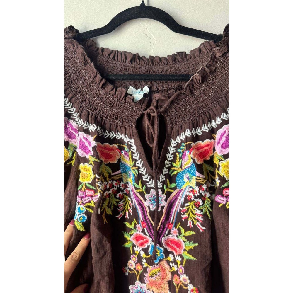 Sundance Amora Blooms Embroidered Peasant Blouse S Floral Boho Smocked Cotton - Picture 4 of 8